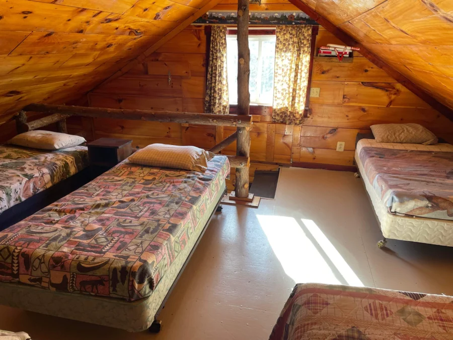 Fox Cabin Loft with Beds Rental Pine Cone Acres Rustic Cabin Rental Solon Maine
